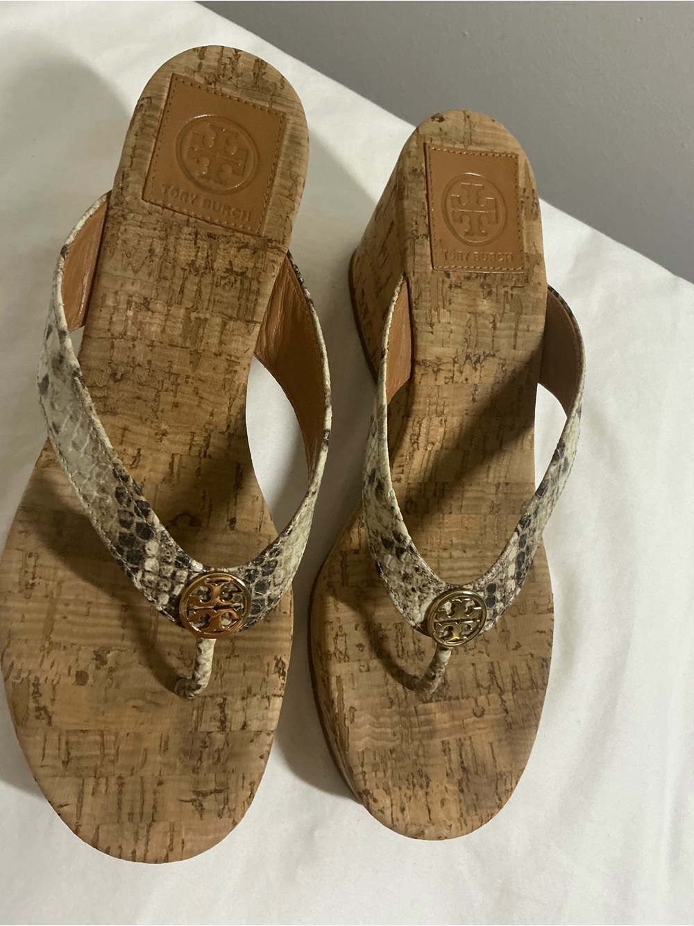 Tory Burch | Snake Print Cork Wedge Thong Sandals
